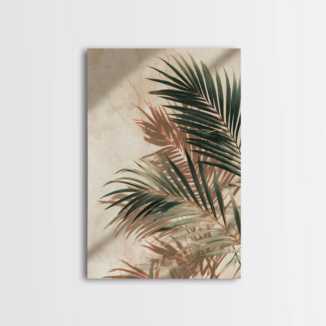 Palm Frond Shadow Botanical Wall Art, Tropical Leaf Canvas Print, Coastal Beige Modern Home Decor For Living Room Bedroom Wall Decor