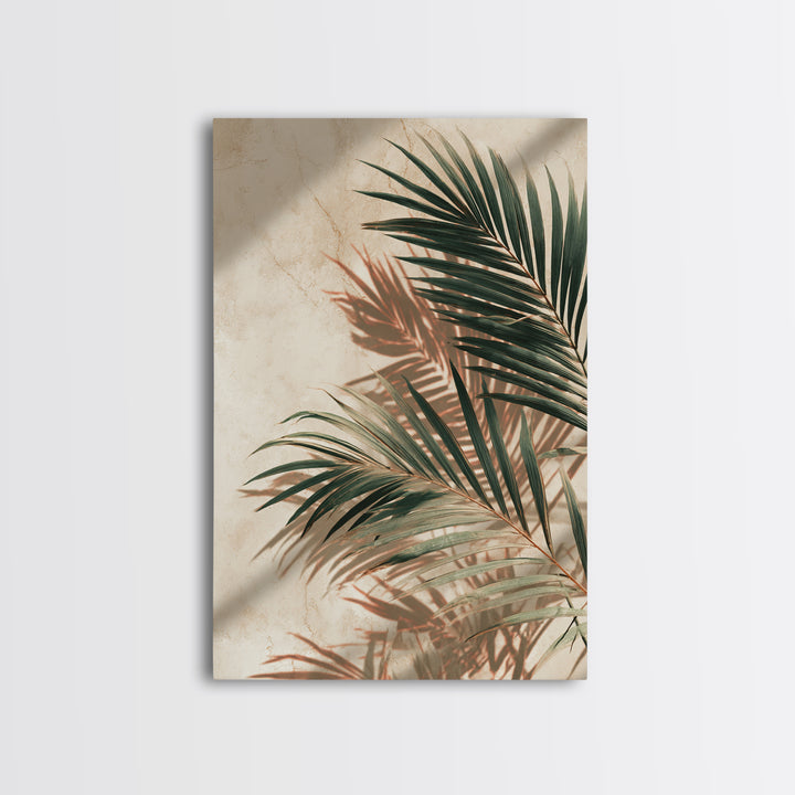 Palm Frond Shadow Botanical Wall Art, Tropical Leaf Canvas Print, Coastal Beige Modern Home Decor For Living Room Bedroom Wall Decor