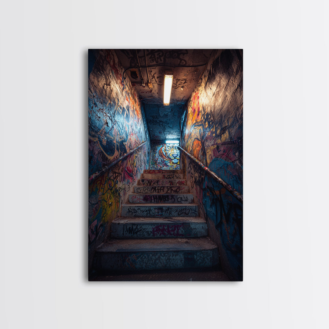 Urban Graffiti Stairwell With Vibrant Street Art Mural And Neon Lights Canvas Print Modern Wall Art For Home Decor And Office