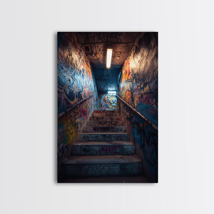 Urban Graffiti Stairwell With Vibrant Street Art Mural And Neon Lights Canvas Print Modern Wall Art For Home Decor And Office
