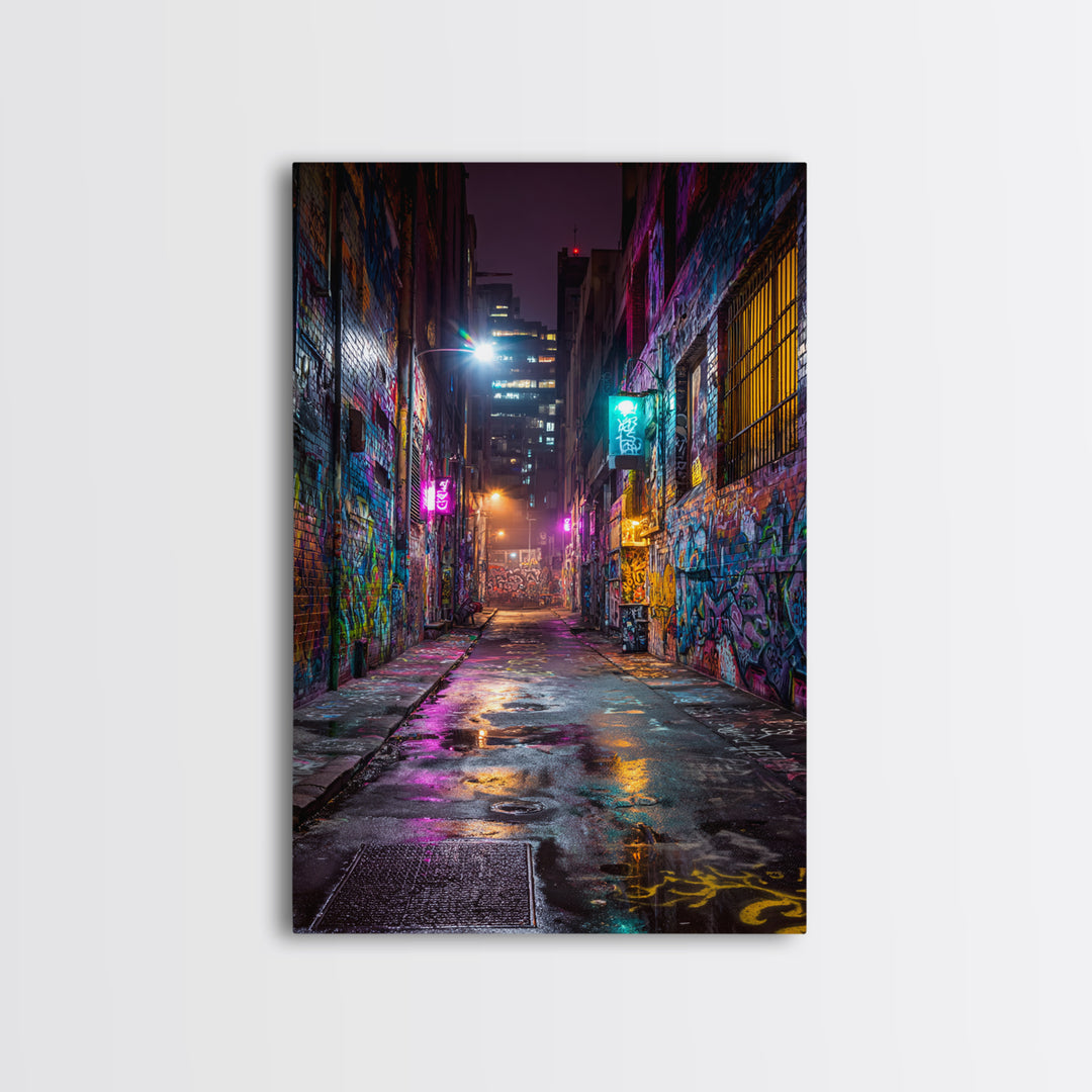 Neon Lit Graffiti Covered Alleyway Night Scene Urban Wall Art Modern Canvas Print For Eclectic Home And Office Decor