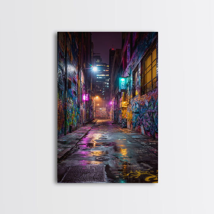 Neon Lit Graffiti Covered Alleyway Night Scene Urban Wall Art Modern Canvas Print For Eclectic Home And Office Decor