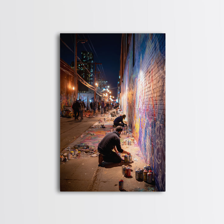 Nighttime Street Artist Painting Bright Graffiti Mural On City Wall - Colorful Wall Art Framed Canvas Print For Home