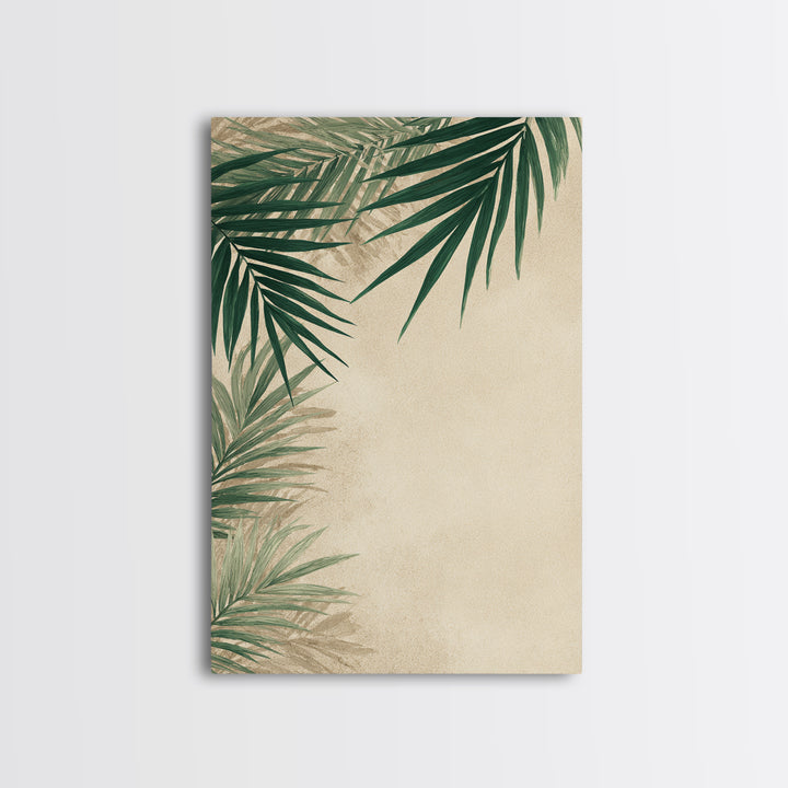 Palm Leaf Corner Botanical Wall Art, Minimal Tropical Canvas Print, Beige Coastal Decor For Living Room Bedroom Modern Wall Decor