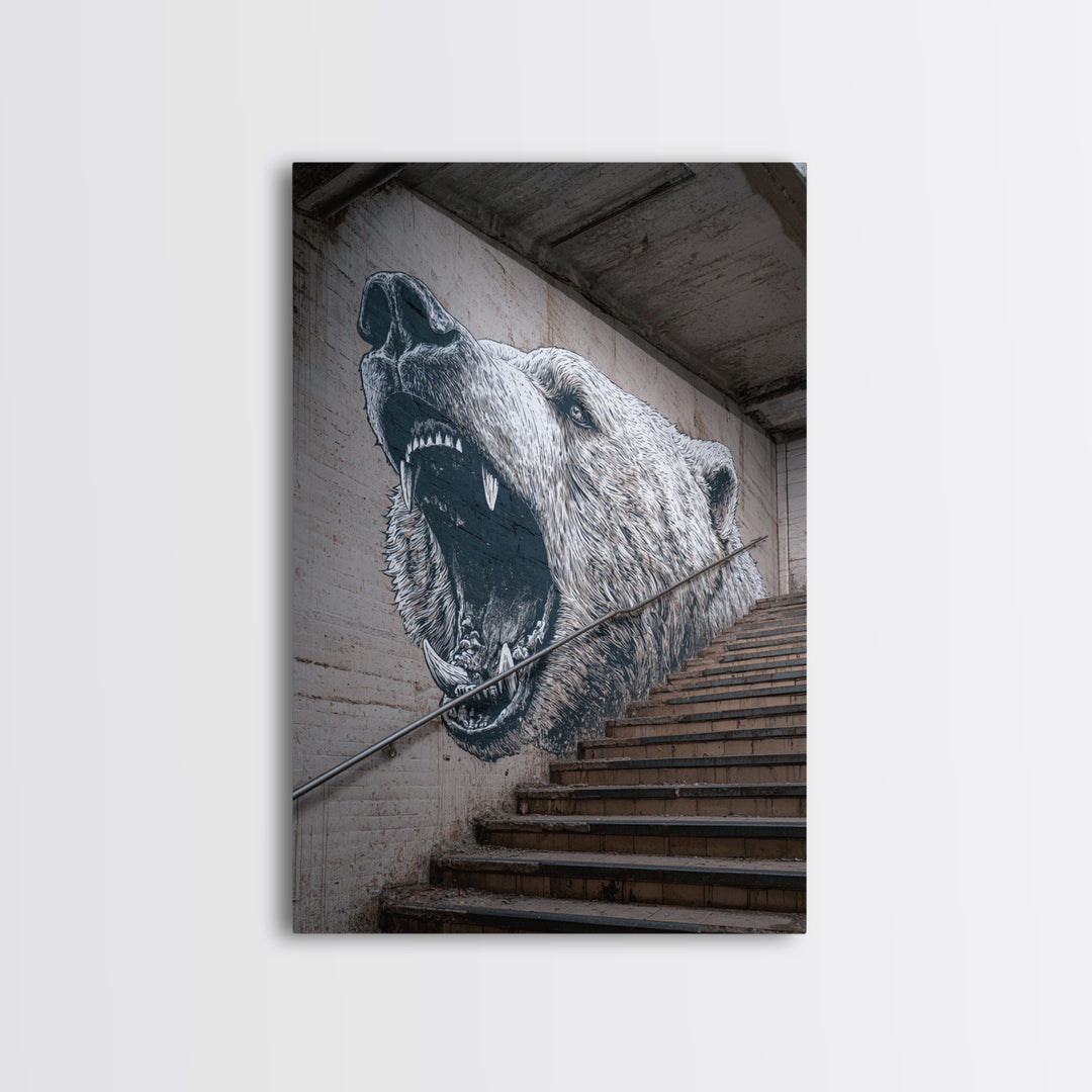 Striking Bear Mural Street Art On Staircase Wall Art Urban Canvas Print Vibrant Outdoor Wall Decor