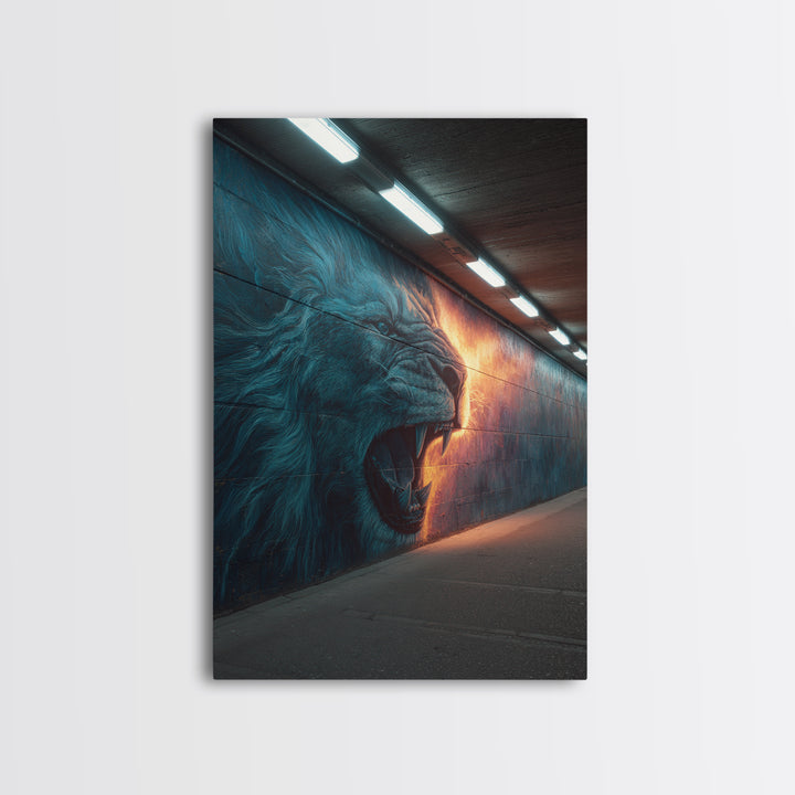 Roaring Lion Graffiti Street Art Mural With Dramatic Lighting Urban Wall Art Canvas Print