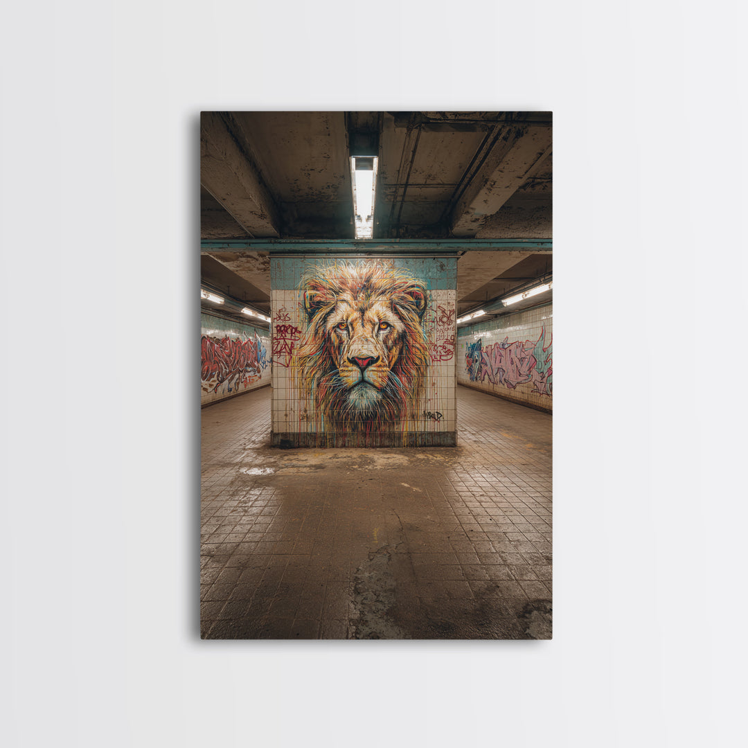 Powerful Lion Portrait Street Art Mural In Urban Tunnel Photography Wall Art Canvas Print For Bold Home Decor