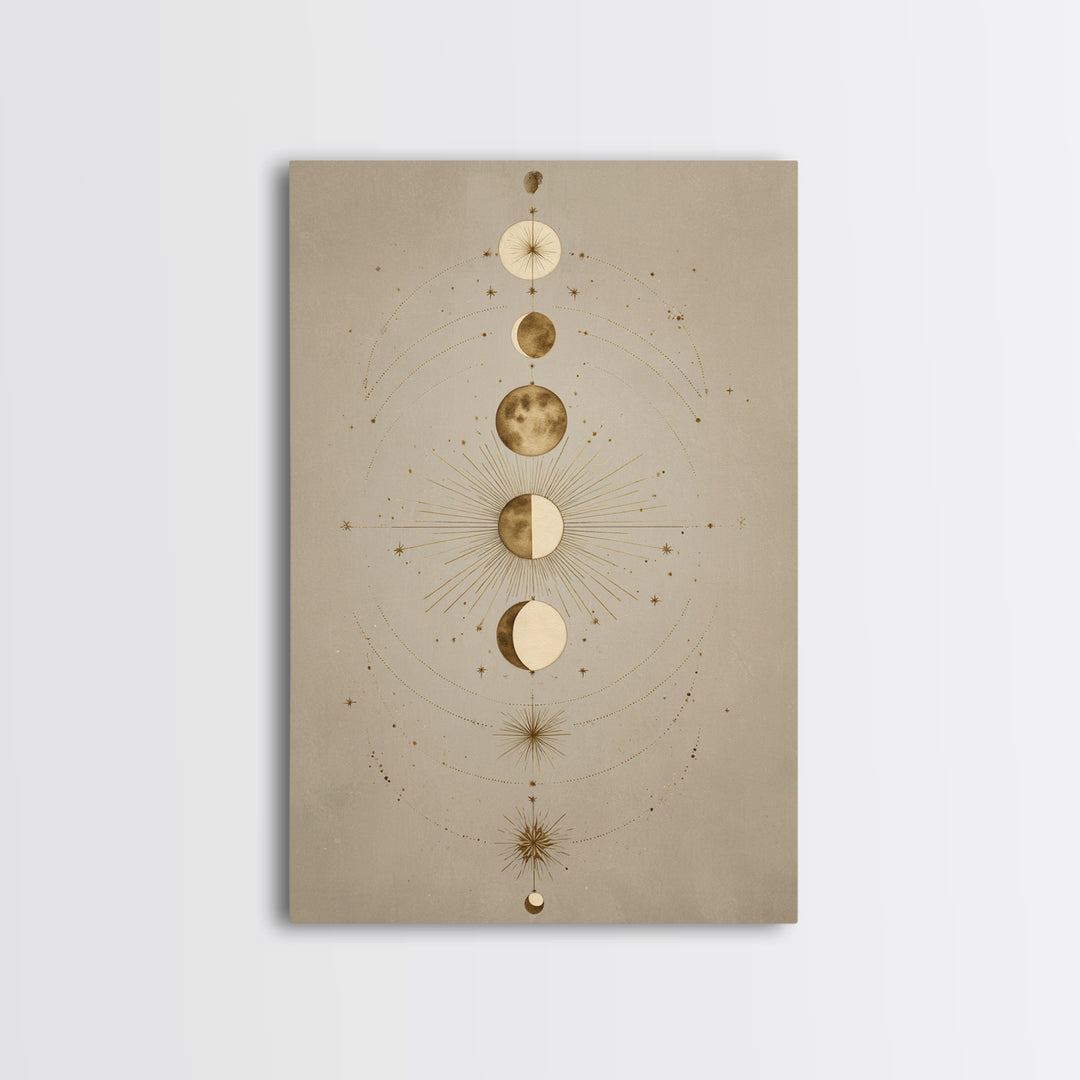 Gold Moon Phases Celestial Wall Art, Mystical Astrology Canvas Print, Boho Lunar Decor For Bedroom Or Meditation Room Decor