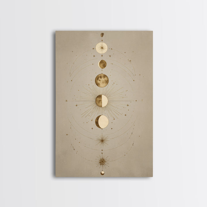 Gold Moon Phases Celestial Wall Art, Mystical Astrology Canvas Print, Boho Lunar Decor For Bedroom Or Meditation Room Decor