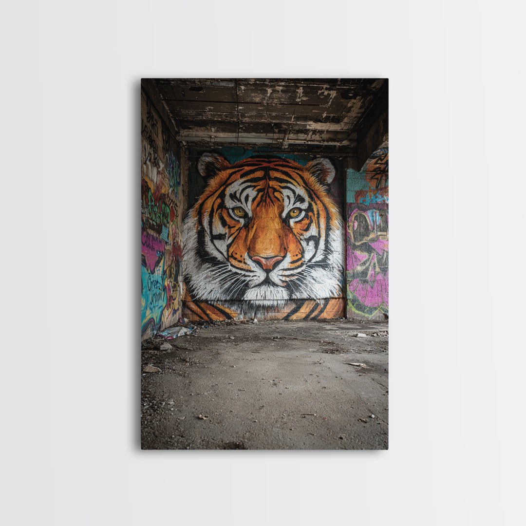 Vibrant Tiger Mural Street Art Urban Wall Art Perfect Framed Canvas Print For Eclectic Living Room Decor Or Gift