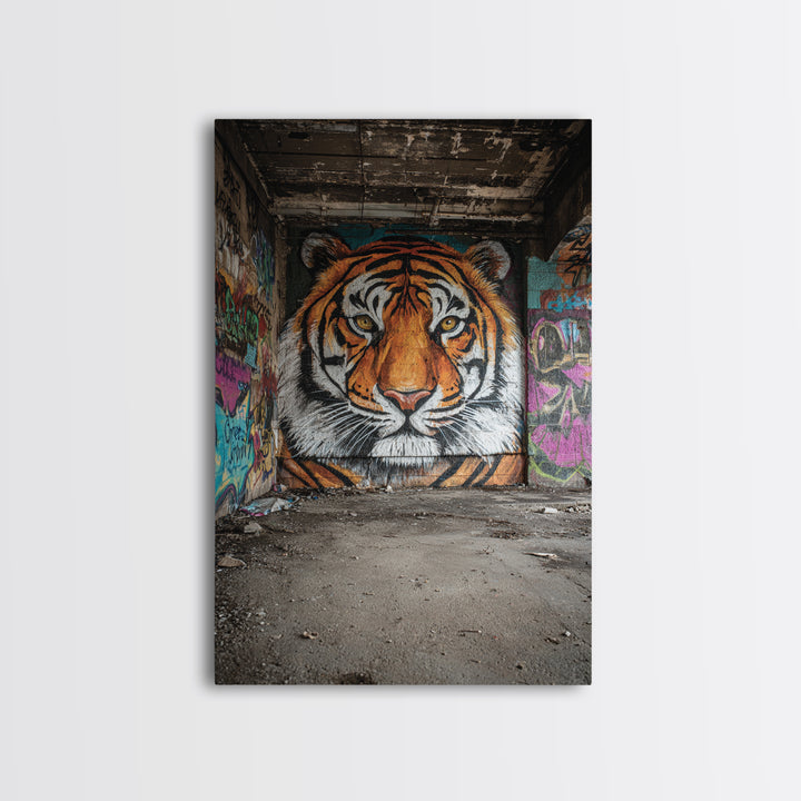 Vibrant Tiger Mural Street Art Urban Wall Art Perfect Framed Canvas Print For Eclectic Living Room Decor Or Gift