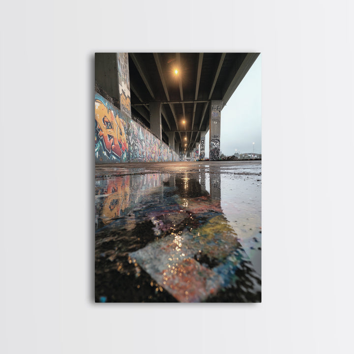 Urban Street Art Graffiti Under Bridge Reflected In Water Puddles Downtown Photographic Wall Art