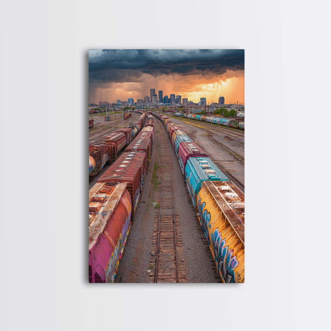 Train Yard Industrial Landscape With Rusty Graffiti Paintings | Contemporary Wall Art Urban Decor Framed Canvas Print