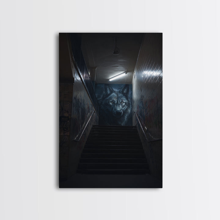 Urban Graffiti Alleyway With Detailed Wolf Mural Street Art Canvas Print Wall Art For Modern Living Room And Office Wall Decor