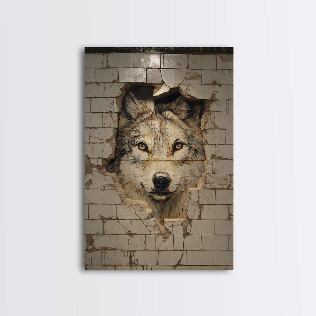 Lion Portrait Painted On Broken Wall Tiles Urban Street Art Mural Wall Art Framed Canvas Print For Edgy Home Decor