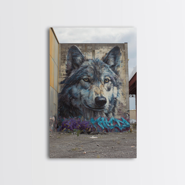 Massive Wolf Mural Graffiti On Urban Wall Featuring Detailed Animal Portrait Vibrant Street Art Print