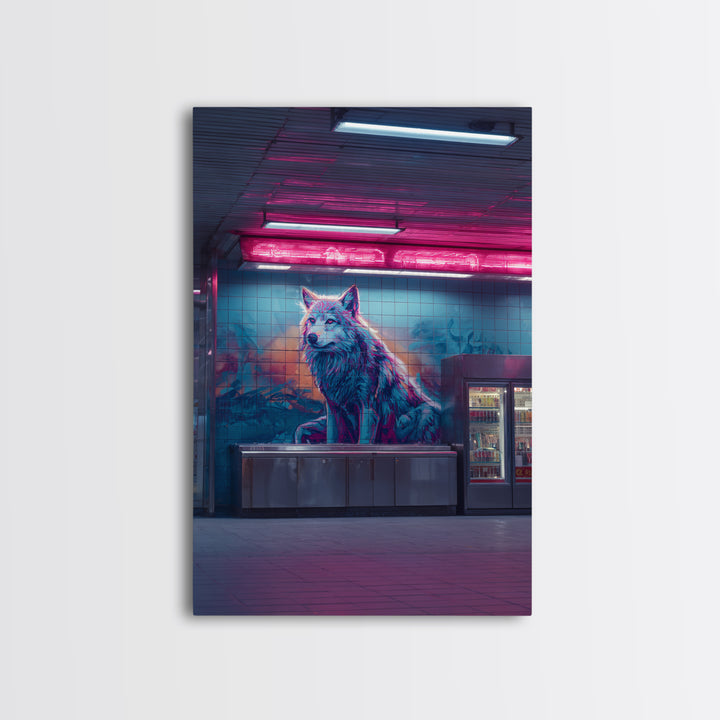 Urban Neon Cityscape With Wolf Mural Vibrant Street Art Wall Art Contemporary Wall Decor Canvas Print For Modern Living Room