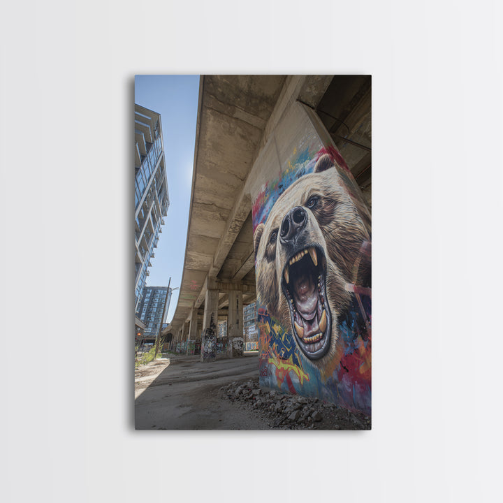 Roaring Grizzly Bear Graffiti Mural Under Concrete Bridge Wall Art For Man Cave And Urban Home Decor