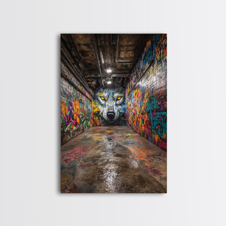 Colorful Wolf Graffiti Street Art Urban Wall Art Print Home Decor Vibrant Alley Framed Canvas Print