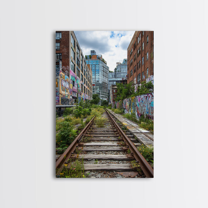 Urban Overgrown Railway Track Between Graffiti Walls In City - Contemporary Wall Art Canvas Print For Modern Decor