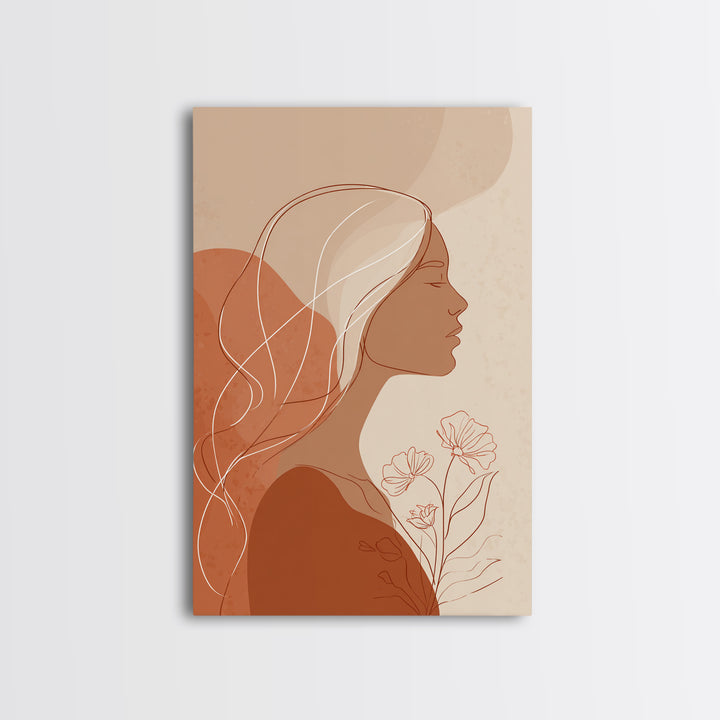 Minimalist Woman Profile With Flowers Wall Art, Terracotta Line Art Canvas Print, Feminine Boho Bedroom Decor Gift For Her