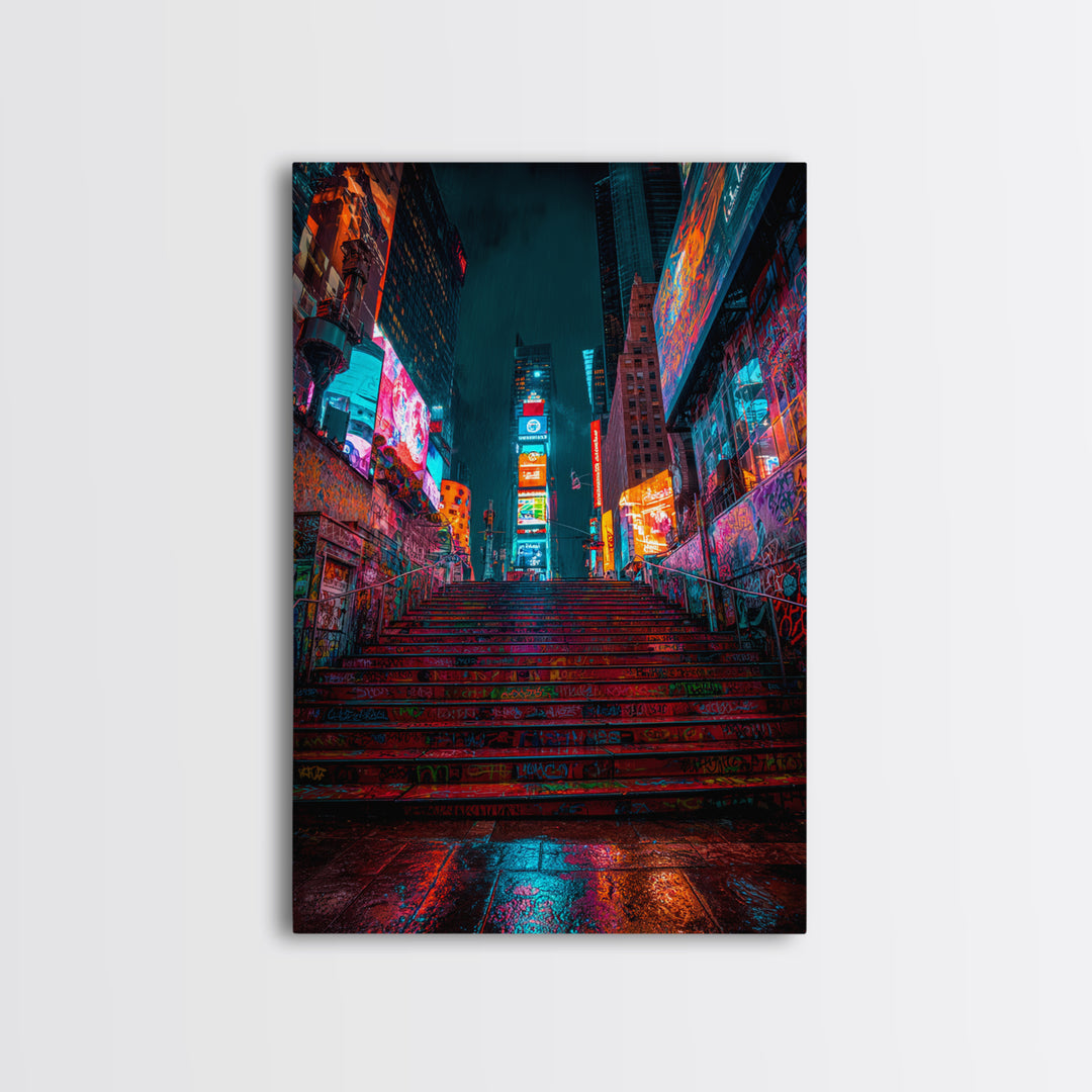Moody Urban Graffiti Subway With Neon Lights And Rain Wall Art Canvas Print For Modern Street Decor