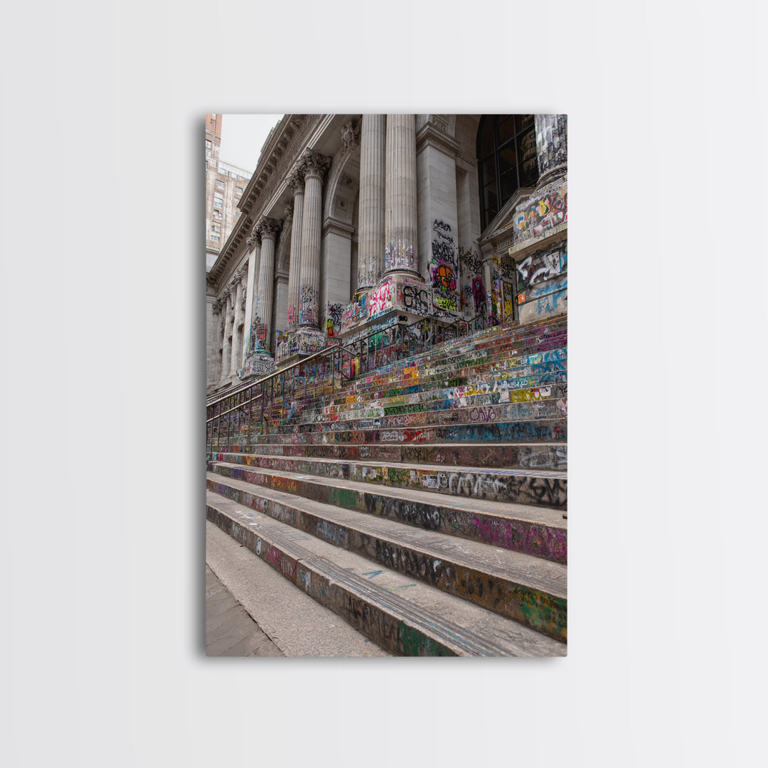 Vibrant Graffiti Covered Urban Steps Photography Wall Art Framed Canvas Print For Modern Industrial Home Decor