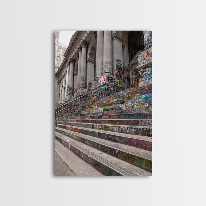 Vibrant Graffiti Covered Urban Steps Photography Wall Art Framed Canvas Print For Modern Industrial Home Decor