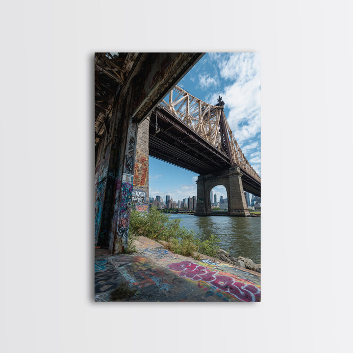 Urban Bridge And Graffiti Wall Over River Cityscape Photography Canvas Print Wall Art For Living Room Or Office Decor