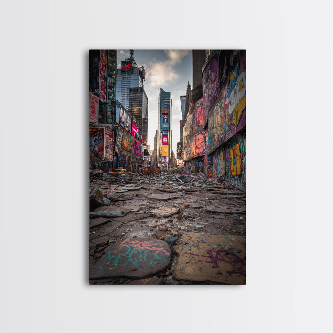 Post Apocalyptic Times Square Urban Ruins Photography Wall Art Print With Graffiti And Debris For Modern Home And Office Decor