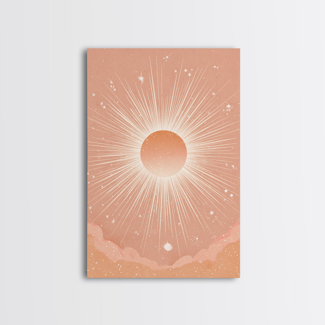 Radiant Peach Sunburst Celestial Wall Art, Boho Sun And Moon Art Print, Warm Neutral Bedroom Decor, Gift For Her, Modern Home Decor