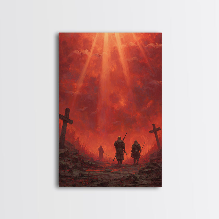 Fiery Red Apocalypse Scene With Warriors And Crosses Dramatic Fantasy Art Canvas Print Perfect Statement Wall Art For Home Decor