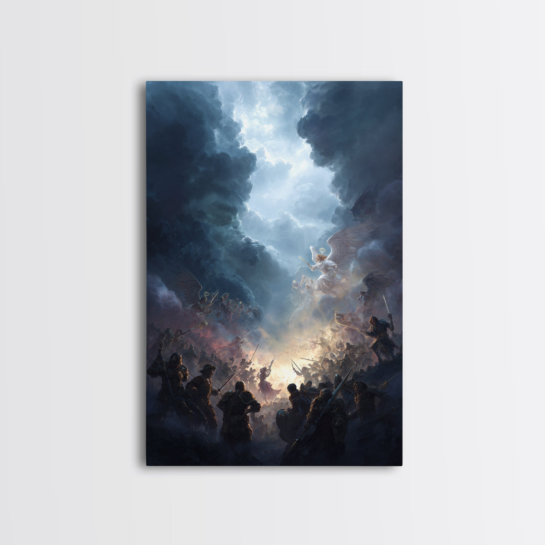 Epic Battle Between Angels Warriors In Dramatic Sky Fantasy Artwork Wall Art Framed Canvas Print For Home Decor