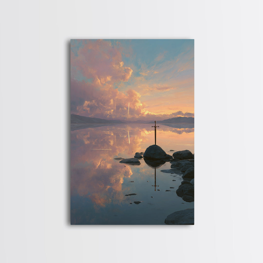 Sunset Over Calm Lake With Reflective Clouds And A Lone Sword Creative Canvas Print Wall Art For Home And Office Decoration