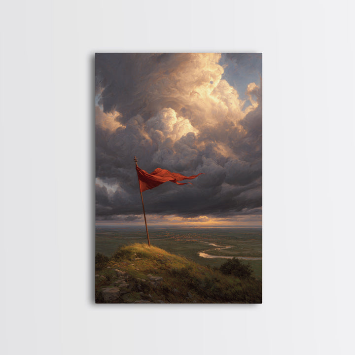 Majestic Flag On Hill Stormy Sky Landscape Painting Wall Art Rustic Home Decor Canvas Print For Living Room And Office