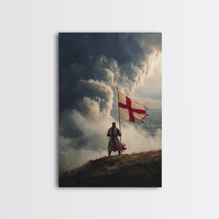 Epic Angelic Warrior In Golden Armor Holding Sword Against Stormy Sky Dramatic Religious Wall Art Framed Canvas Print