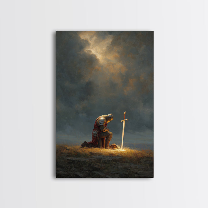 Knight Kneeling Beside Sword With Stormy Sky Dramatic Medieval Armor Wall Art Canvas Print For Office Decor