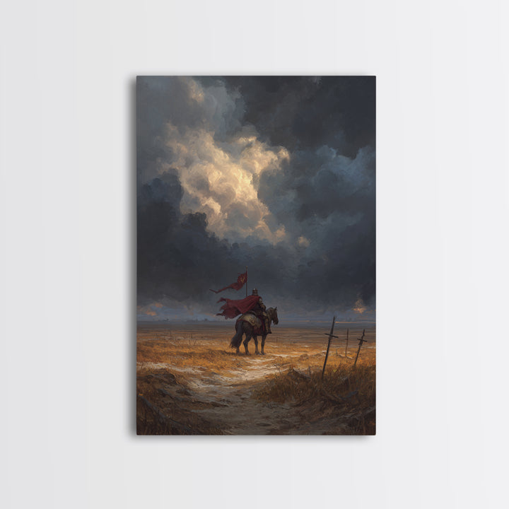 Medieval Knight On Horse With Red Cape Overcast Sky Canvas Print Original Wall Art For Office And Home