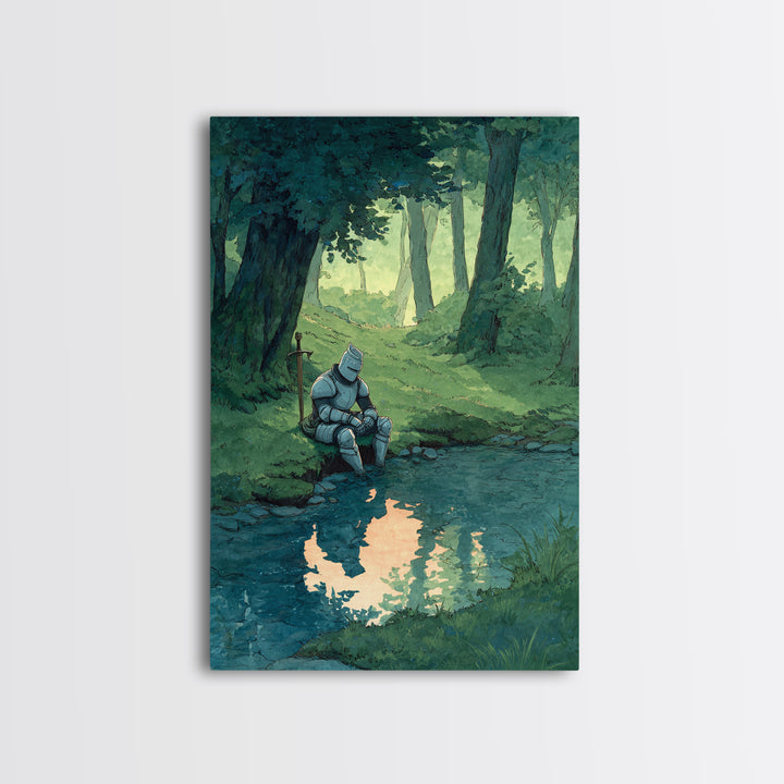 Solitary Knight In Medieval Armor Sitting Beside Forest Stream Original Wall Art With Contemporary And Fantasy Decor