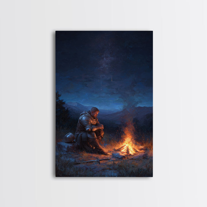Knight Praying By Campfire In Armor At Night Meditative Fantasy Wall Art Framed Canvas Print For Home Decor