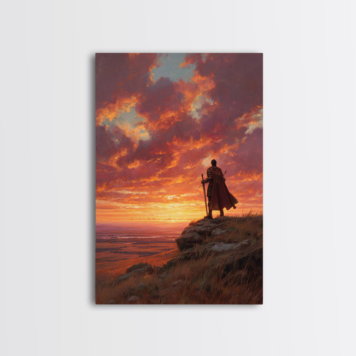 Heroic Knight Standing On Cliff At Sunset Dramatic Landscape Wall Art Large Framed Canvas Print For Living Room Decor