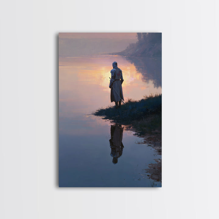 Knight In Sunlight Praying Under Mighty Oak Tree Painting Medieval Religious Wall Decor Framed Canvas Print For Home Office Or Spiritual Wall Art