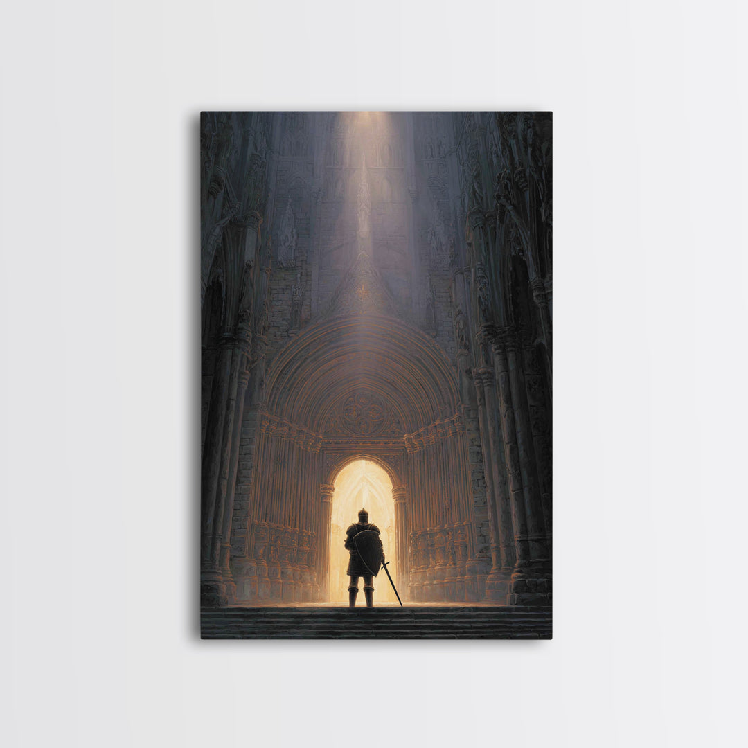 Medieval Knight Standing In Cathedral Doorway With Light Beam Canvas Print Modern Wall Art For Office Decor