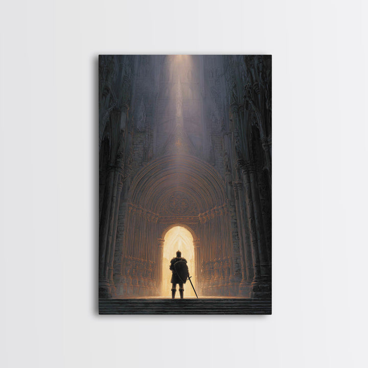 Medieval Knight Standing In Cathedral Doorway With Light Beam Canvas Print Modern Wall Art For Office Decor