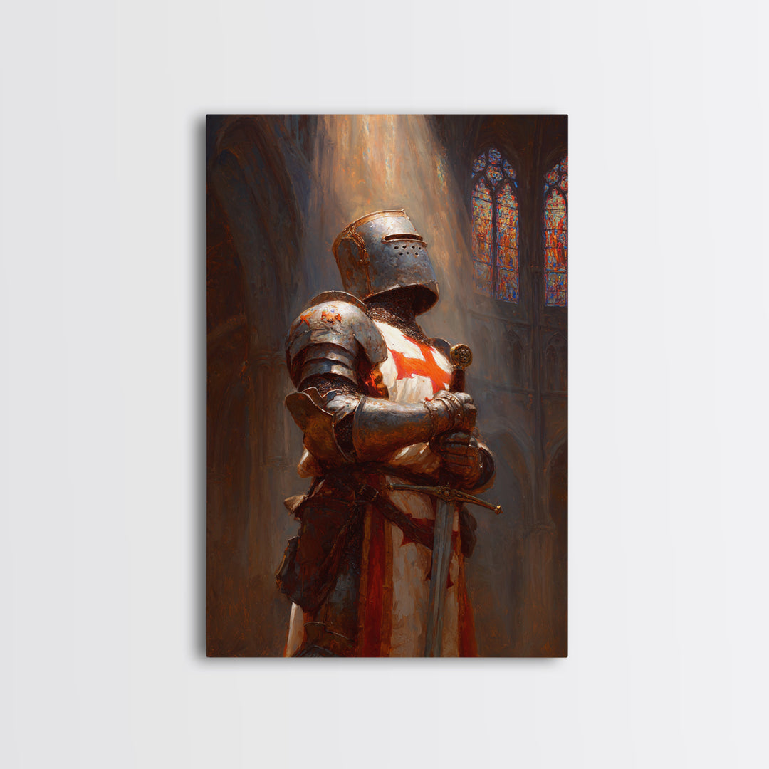 Crusader Knight In Cathedral Sunlight Oil Painting Wall Art Framed Canvas Print Medieval Historical Artwork For Man Cave