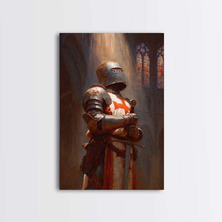 Crusader Knight In Cathedral Sunlight Oil Painting Wall Art Framed Canvas Print Medieval Historical Artwork For Man Cave