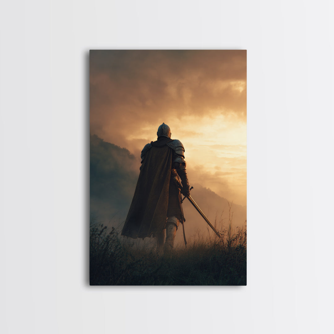 Knight In Shining Armor Facing Dramatic Sky Digital Painting Canvas Print Wall Art For Medieval Decor And Fantasy Ambiance