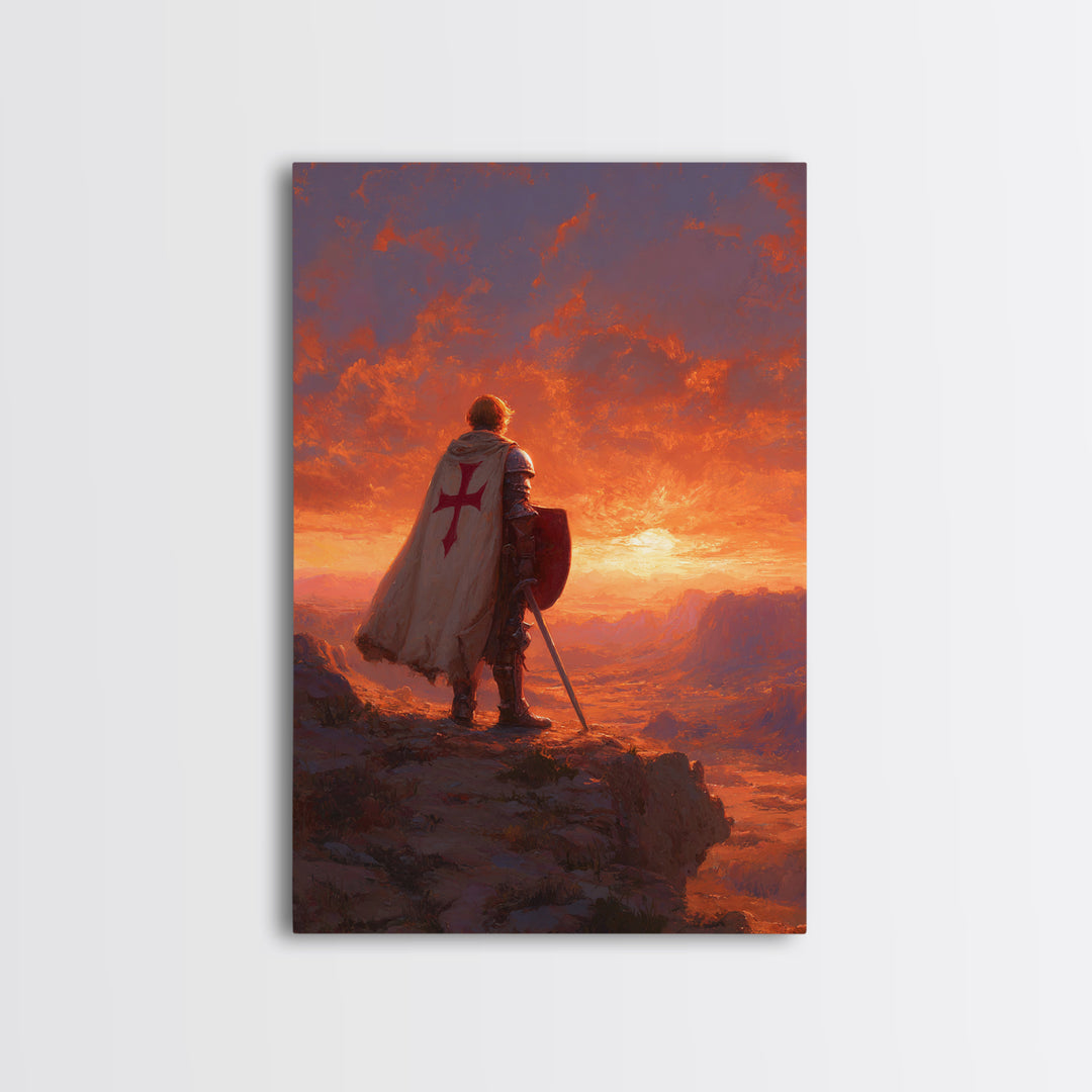 Crusader Knight Standing At Sunset Dramatic Historical Painting Canvas Print Wall Art Medieval Art For Home And Office Decor