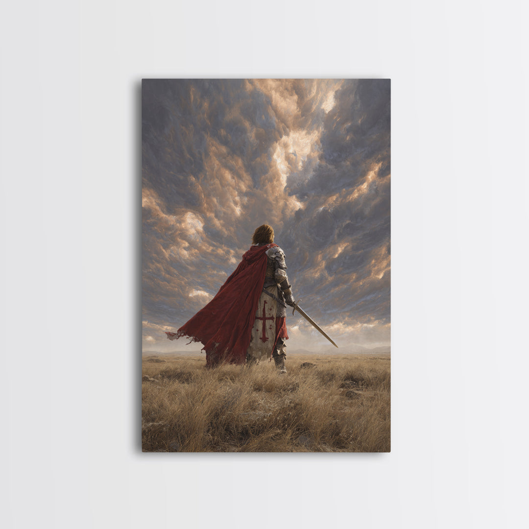 Majestic Knight Kneeling With Sword On Ground Under Dramatic Skies - Captivating Framed Canvas Print For Home