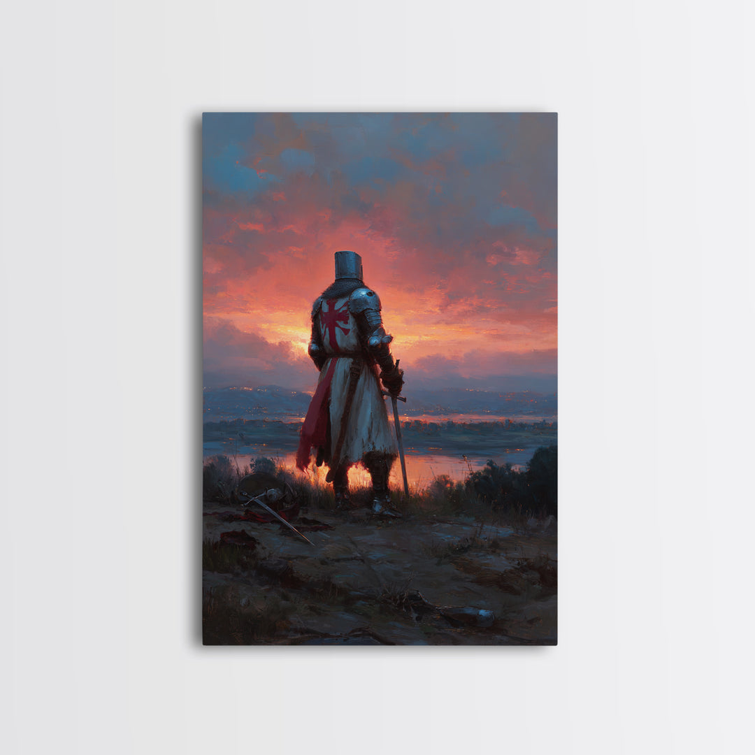 Knight In Armor At Sunset Painting Dramatic Landscape With Medieval Warrior Exploring Emotional Wall Art For Office Decor Or Living Room Framed Canvas Print